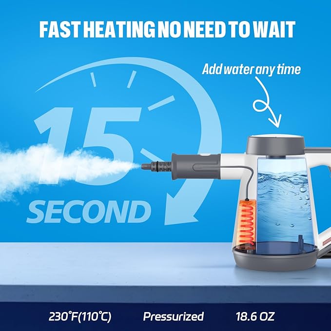 Handheld Pressurized Steam Cleaner - 15s Quick Start, Multi-Functional for Home, Kitchen, Bathroom, 8 Attachments, Chemical-Free, Safe & Efficient Cleaning Solution