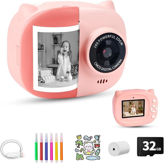 Instant Print Camera Toy for Kids, Girls Birthday Gifts for 3 4 5 6 7 8 Year Old Learning Music Story Player, 1080P HD Dual-Lens Creative Instant Camera (Pink)
