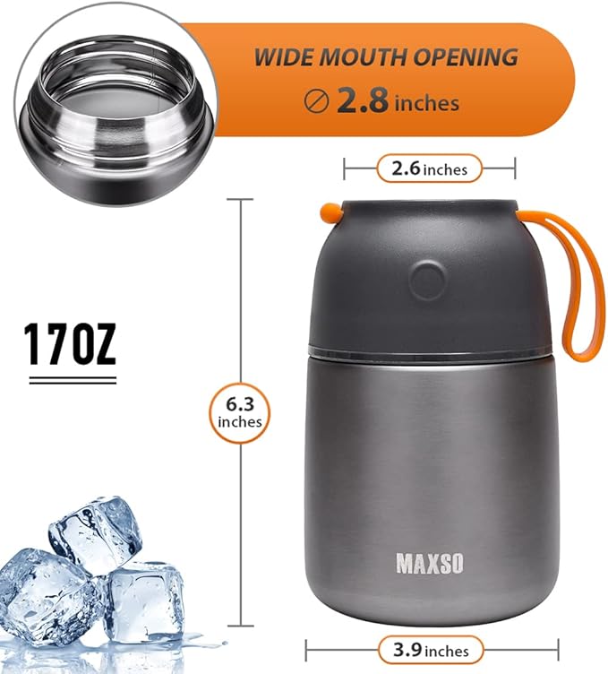 Insulated Thermo Food Jar for Hot & Cold Food for Kids Adult, 17&24 oz Soup Thermal Hot Food Containers for Lunch, Triple Layer Insulation Stainless Steel Food Jar with Spoon (2 Pack Grey)