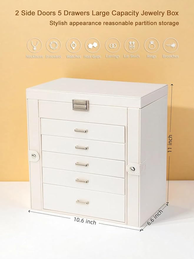 BOOVO Jewelry Box For women, 6 Layer Large Jewelry Organizer With Mirror, Multi-Function Storage Box With Lock, Accessory Holder With 5 Drawers, For Earrings Necklace Ring Bracelet (Pearl White)