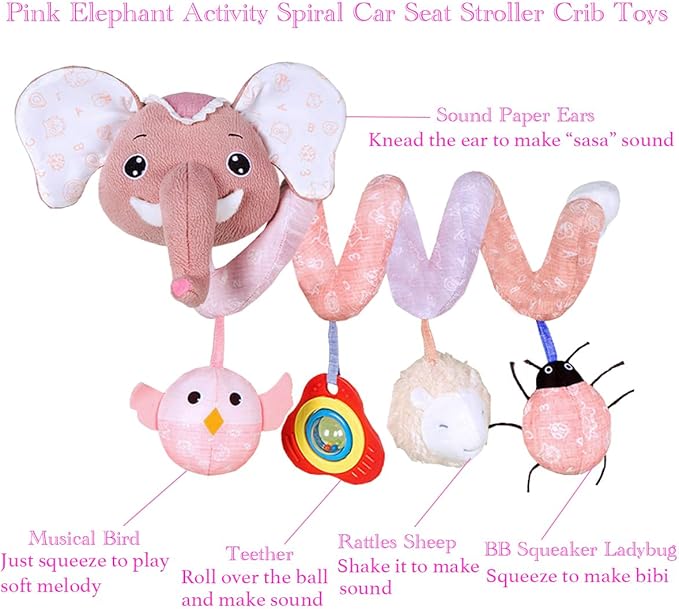 Car Seat Toys, Baby Stroller Toys Infant Spiral Hanging Toys for Crib Bar Bassinet Stroller Car Seat Mobile, Early Development Toys for Newborn Baby Girls 0 3 6 12 Months -Pink Elephant