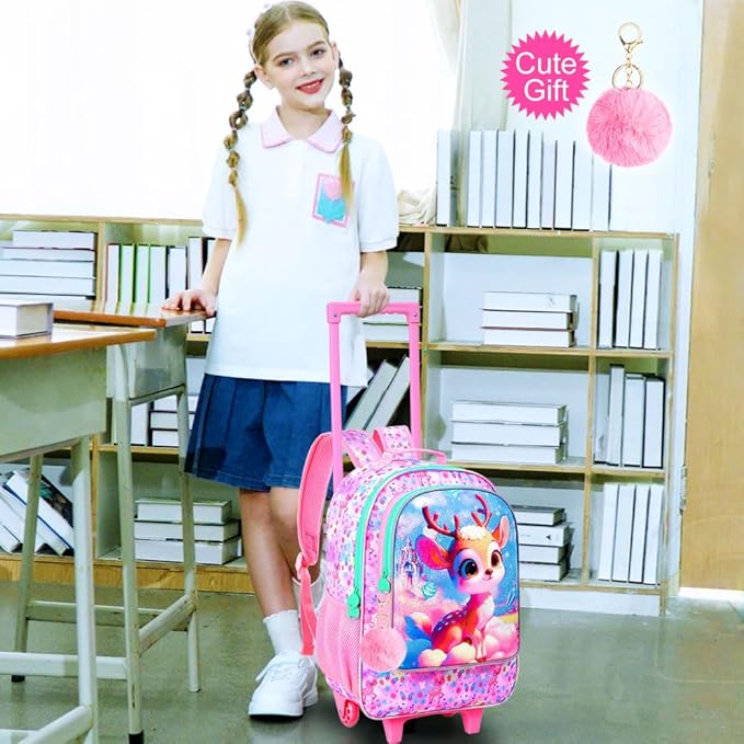 Girls Rolling Backpack, Cute Deer Roller Wheels Kids Bookbag - Wheeled Elementary School Bag - 3PCS Deer
