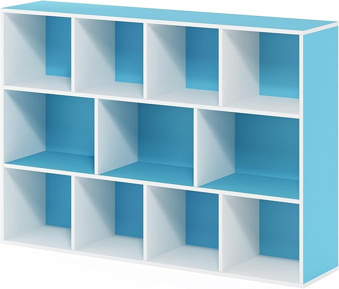 Furinno Luder Bookcase / Book / Storage , 11-Cube, White/Light Blue