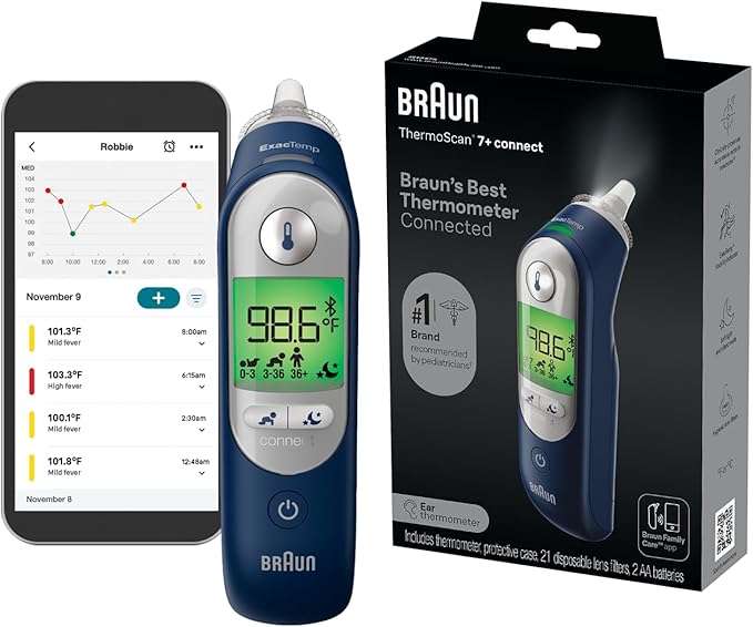 Braun ThermoScan 7+ Connect Digital Ear Thermometer - Family Care App Compatible, Age Precision Technology, Color-Coded Display, No. 1 Brand Recommended by Pediatricians