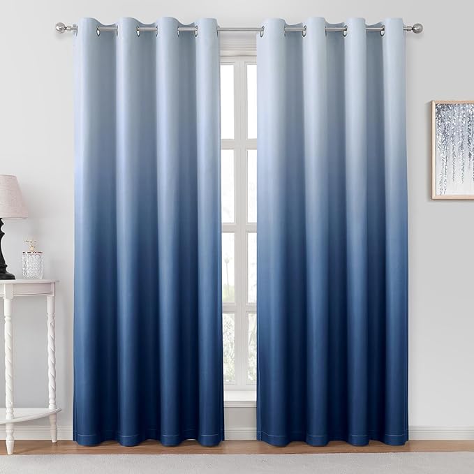 HOMEIDEAS Navy Blue Ombre Blackout Curtains 52 X 96 Inch Length Gradient Room Darkening Thermal Insulated Energy Saving Grommet 2 Panels Window Drapes for Living Room, Bedroom