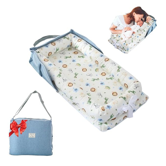 Baby Lounger for Newborn Portable Bag,Baby Nest Play Gym mat with Strap,Newborn Lounger Adjustable Size & Inner Zipper Lengthen Space to 24 Months,Animal World Blue