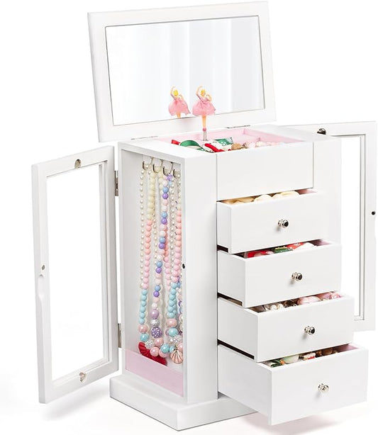 Jewelry Box for Girls, Musical Jewelry Box with Spinning Dancer Gifts for Little Girls Christmas New Year Birthday Children's Day, 5 Layer Large Wooden Kids Music Jewelry Organizer Box(White)
