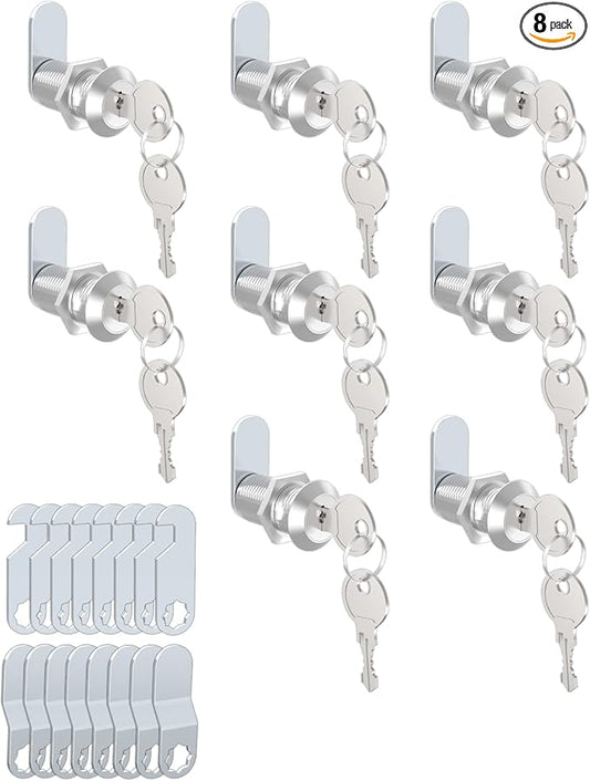 8 Packs Drawer and Cabinet Locks (Keyed Different) Secure Important Files, 1-1/8Inch 30mm Cam Locks with 3 pcs Different Lock Plates for Cabinet Cupboard File Drawer Mailbox Dresser Kitchen