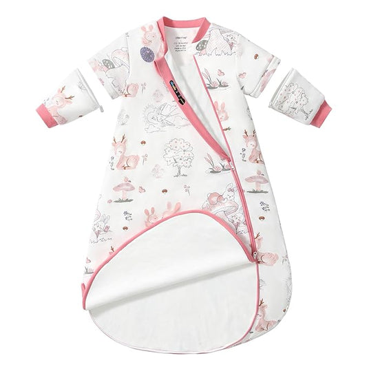 Baby Sleep Sack 12-18 Months, Cotton Detachable Long Sleeve Sleep Sack, 1.0 Tog Toddler Sleeping Sack with Temperature Strips, 2-Way Zipper Wearable Blankets for Newborns, Bunny