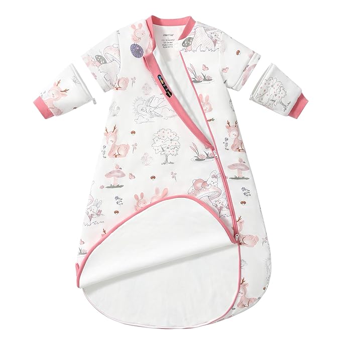 Baby Sleep Sack 3-6 Months, Cotton Detachable Long Sleeve Sleep Sack, 2.5 Tog Toddler Sleeping Sack with Temperature Strips, 2-Way Zipper Wearable Blankets for Newborns, Bunny