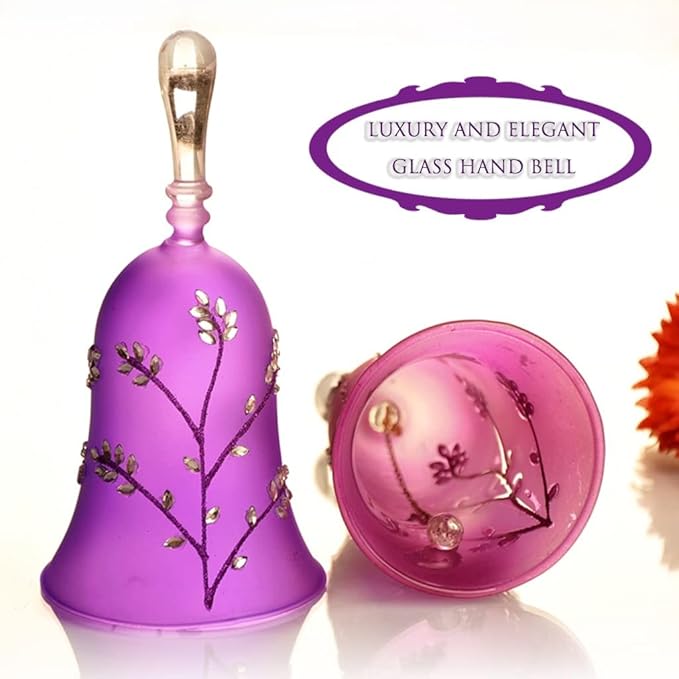 Handbell Set for Church Ornate and Elegant Leaf-Shaped Trim Handheld Bell, Home Kitchen Dinner Call Dinner Bell, Crisp Glass Collision Sound (Color : Purple, Size : 5.9 * 3 inches)