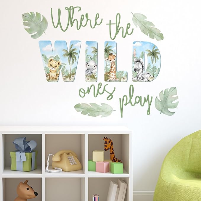 27.95x21.65 Inches Watercolor Wild Jungle Animal Wall Decals - Forest Safari Removable Stickers for Baby's Nursery, Playroom, Bedroom, Classroom - Tiger, Elephant, Giraffe Decor