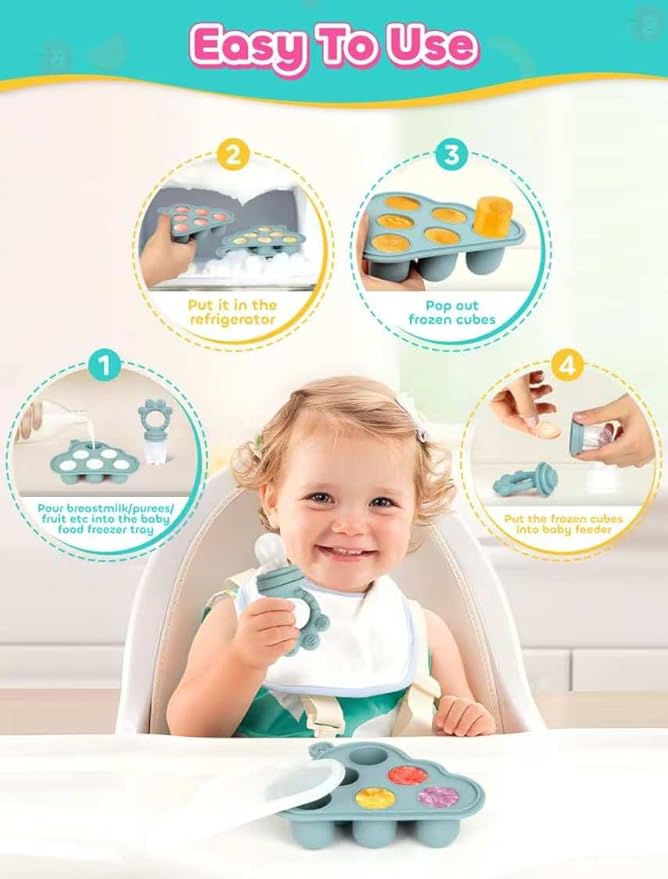 Baby Popsicle Molds & Food Feeder Set, Baby Fruit Feeder for Infant Teething Relief & Safe Infant Self Feeding 4 Months+ Starting Solids for Baby Essentials (Green+Beige)