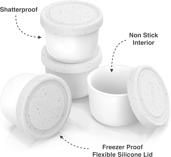 BALCI - 8oz Mini Ice Cream Containers with Silicone Lids (Set of 4) - Freezer Food Storage Containers, Reusable, LeakProof, For Homemade IceCream Containers - White with Sprinkles