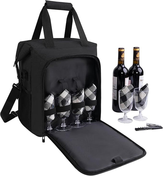 ALLCAMP 6 Bottle Wine Gift Bag - Insulated Tote Cooler, Adjustable Strap, Includes 6 Wine Glasses, Napkins & Corkscrew, Portable Travel Gifting(Black)