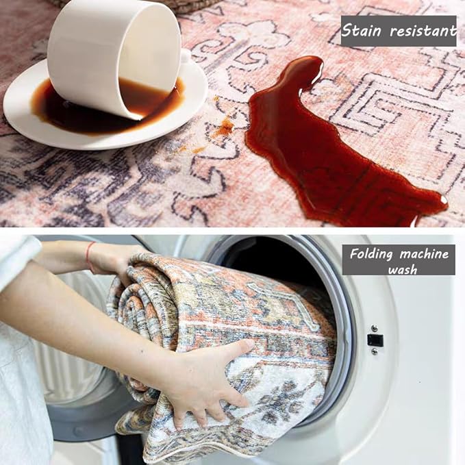 5x7 Washable Thin Foldable Area Rug Gray Vintage Rug Traditional Floor Cover Retro Kitchen Indoor Distressed Non Slip Carpet Floral Print Mat Bedroom Living Room