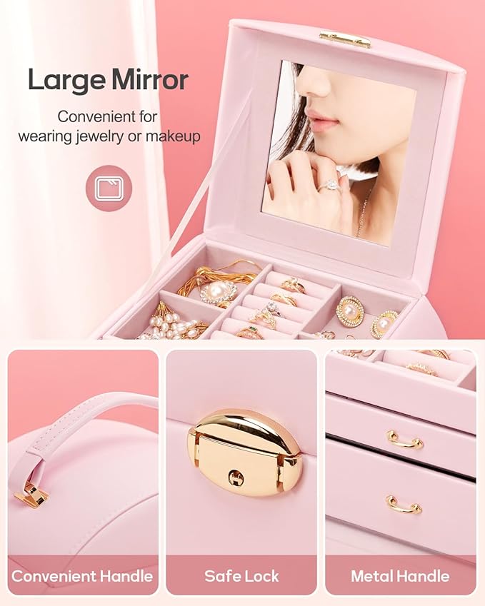 Homde Girls Jewelry Box Jewelry Storage Case Organizer with Mirror for Rings, Earrings, Bracelets, Necklaces (Light Pink + Gold)