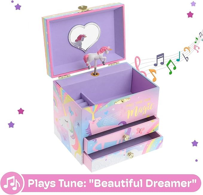Jewelkeeper Unicorn Musical Jewelry Box for Girls - Cotton Candy Unicorn Design Music Box with 2 Pullout Drawers to Store Earrings, Necklace and Bracelets, Plays The Beautiful Dreamer Tune