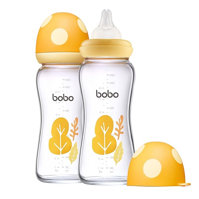 YOHKOH Natural Glass Baby Bottle with Natural Response Nipple, Newborn Anti-Colic Baby Bottles, Wide Neck Mushroom Cap Baby Bottle, Clear (8.8oz (Pack of 2), Yellow)