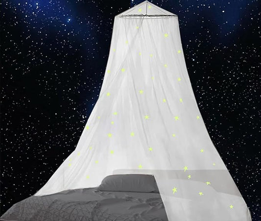 BCBYou Bed Canopy Mosquito Net with Fluorescent Stars Glow in Dark for Baby, Kids, and Adults, for Cover The Baby Crib, Kid Bed, Girls Bed Or Full Size Bed (White)