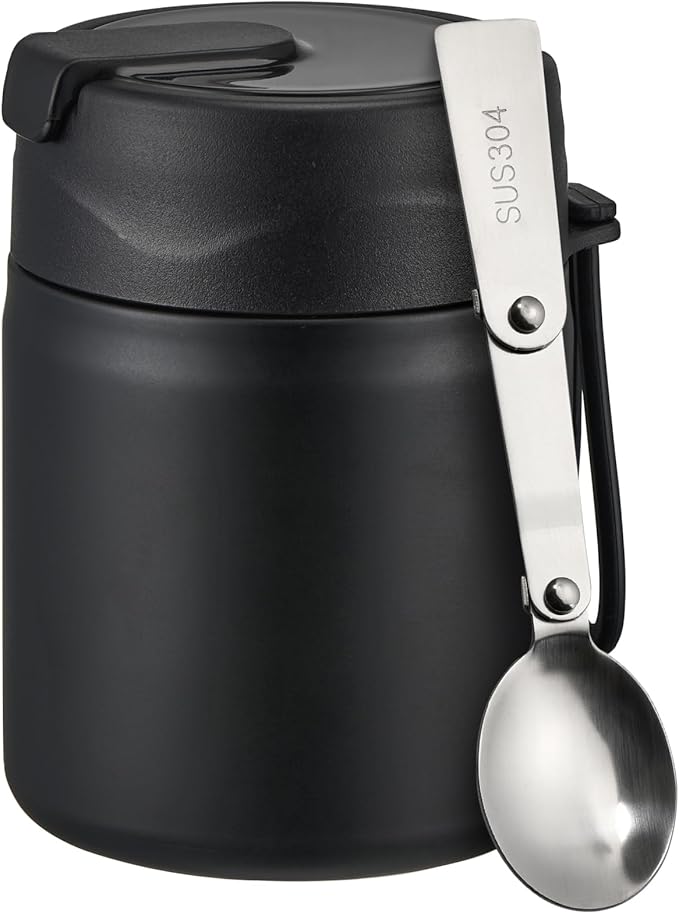 17oz Soup Thermo for Hot Food Kids Insulated Vacuum Food Jar with Stainless Steel Spoon Wide Mouth Thermo Leakproof Lunch Food Container Kids Hot Lunch Box (Black)