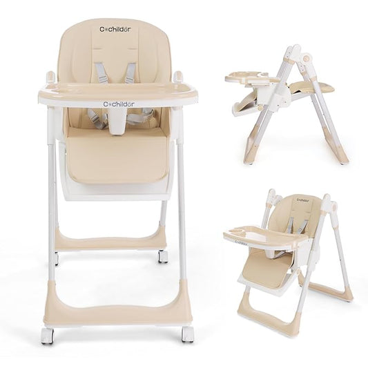 3-in-1 Foldable High Chair for Babies & Toddlers – Adjustable Height, Reclining Seat, 5-Point Safety Harness, Removable Tray, Lockable Wheels and Washable Cushion, Beige