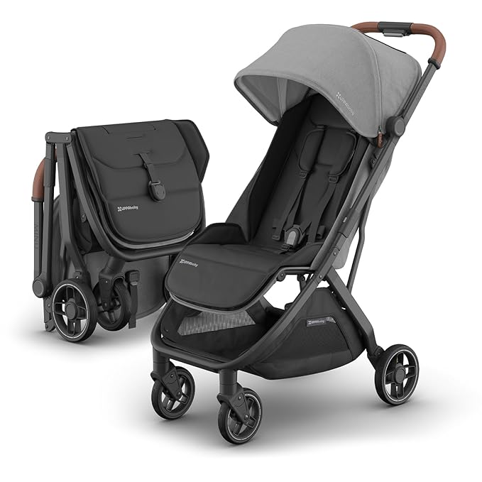 UPPAbaby Minu V3 Travel Stroller | Lightweight + Compact Design | One-Hand Fold + Unfold | from Birth + Overhead Compatible | Greyson (Charcoal Mélange/Carbon Frame/Saddle Leather)