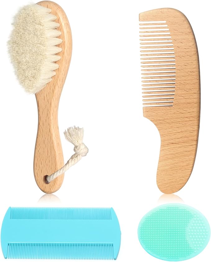 Goat Baby Hair Brush Set, Safe Natural Hair Care Kit with Wooden Soft Goat Bristles Hairbrush Comb Green Silicone Bath Brush for Newborns Toddlers (4pcs Set)