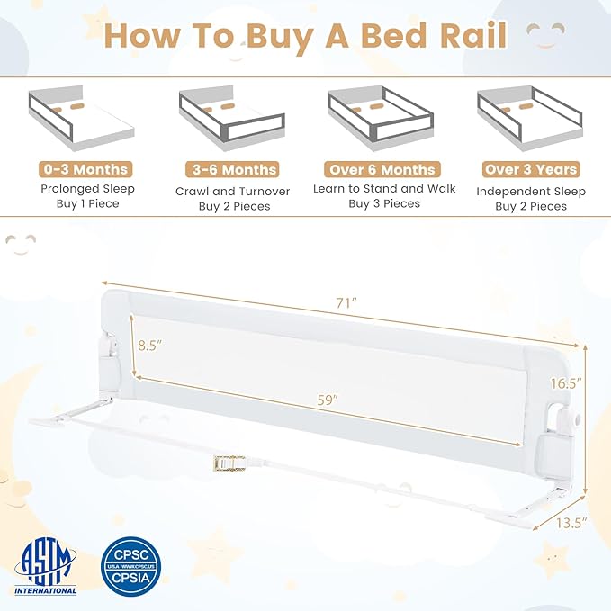 HONEY JOY Bed Rail for Toddlers, Extra Long, Foldable Portable Swing Down Safety Bed Guard Rail, Toddler Bed Rails for Crib, King Queen Full Twin Size Bed Mattress (White, 1 Pack, 71 Inch)