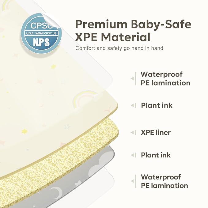 Extra Large Foldable Play Mat, Reversible Baby Play Mat with Edge Reinforcement, Non-Toxic & Waterproof Baby Mat for Floor, Foam Playmat for Infants Toddlers, Rainbow, Cloud & Moon, 50''x50''