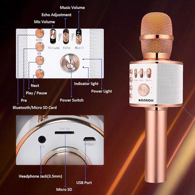 BONAOK Wireless Bluetooth Karaoke Microphone,3-in-1 Portable Handheld Karaoke Mic Speaker Machine Home Party Birthday for All Smartphones PC(Q37 Rose Gold)