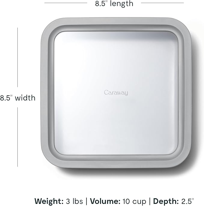 Caraway Glass Food Storage, 10 Cup Glass Container - Ceramic Coated Food Container - Non Toxic, Non Stick Lunch Box Container with Glass Lids. Dishwasher, Oven, & Microwave Safe - Square Shape - Gray