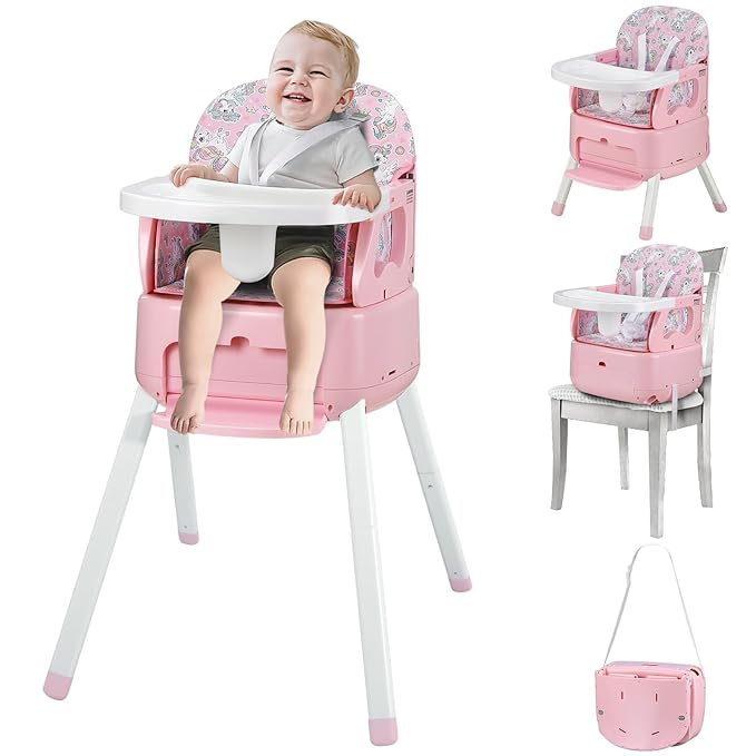 4 in 1 Portable Baby High Chair,Convertible Highchair for Babies & Toddlers-Foldable Infant Booster Seat,Carry Small Box,Dining Chair,Toddler High Chair with 5-Point Harness,Removable Tray-Pink
