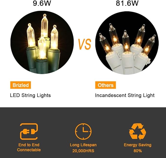 Brizled Mini Christmas Lights, 33ft 100 LED Christmas String Lights Connectable, UL Certified Energy Saving Xmas Tree Light for Indoor Outdoor Bedroom Wedding Party Xmas Tree Decoration, Warm White