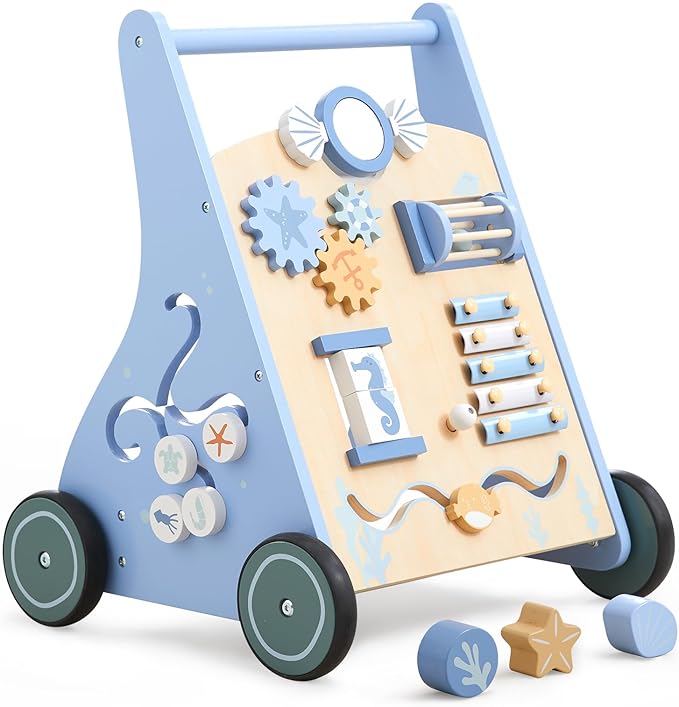 Beright Wooden Baby Walker Push and Pull Learning Activity Walker with Wheels Montessori Walker Toy Multiple Activities Center Develops Motor Skills & Stimulates Creativity (Blue)