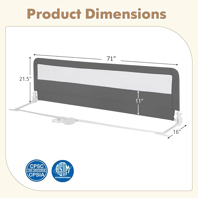 BABY JOY Bed Rails for Toddlers, 71'' Extra Long, Swing Down Bed Guard w/Safety Strap, Folding Baby Bedrail for Kids Twin, Double, Full Size Queen & King Mattress (71-Inch, Gray)