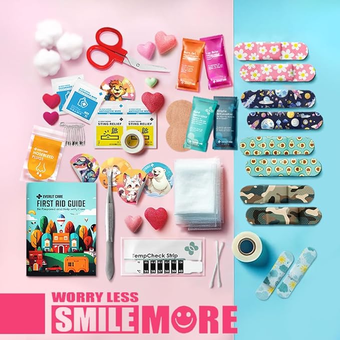 EVERLIT Mini Rescue Pack | 105 Medical Essentials Organized in Portable Storage Bag | Pocket Size Kids First Aid Kit with D Ring | Small Family-Friendly Travel Medical Kit (Splatter)