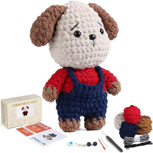 Crochet Animal Kit – 10in Adorable DOG, Amigurumi Crochet Kit For Intermediate Advanced Level, Kids Knitting Kit With Detailed Videos Tutorials, Yarn, Crochet Hook, Best Gift For Crochet Lovers(DOG)