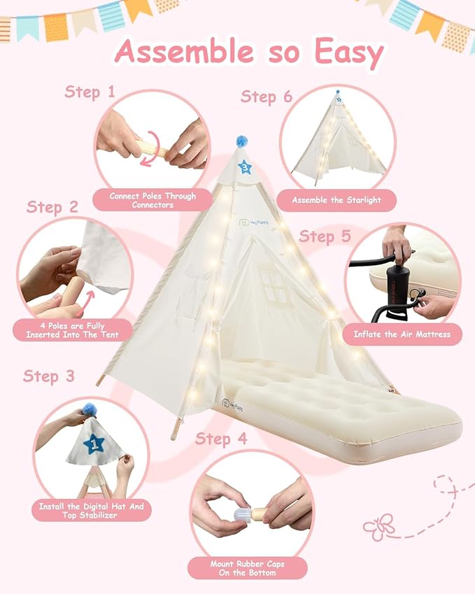 6 Pack Teepee Tent for Kids with Inflatable Airbed, Light, Toddler Tent Children Room Tents, Slumber Party Sleepover Tents, Indoor Outdoor Kids Playtent Playhouse for Girls & Boys