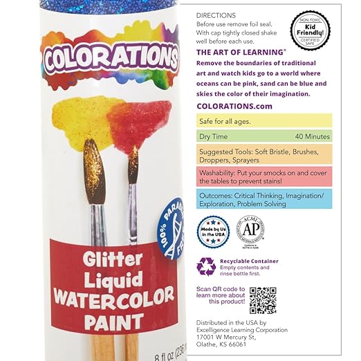 Colorations Liquid Glitter Watercolor Paint, 8 fl oz, Orange, Non-Toxic, Painting, Kids, Craft, Hobby, Fun, Water Color, Posters, Cool Effects, Versatile, Gift