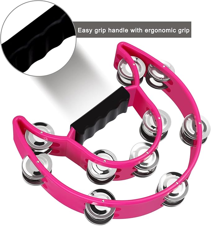 EastRock Double Row Tambourine,Metal Jingles Hand Held Percussion-Half Moon Tambourine for Adults, KTV, Party Pink