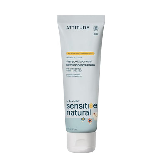 ATTITUDE 2-in-1 Shampoo and Body Wash for Baby, EWG Verified, Extra Gentle, Enriched with Oatmeal, Dermatologically Tested, Vegan, Unscented, 8 Fl Oz