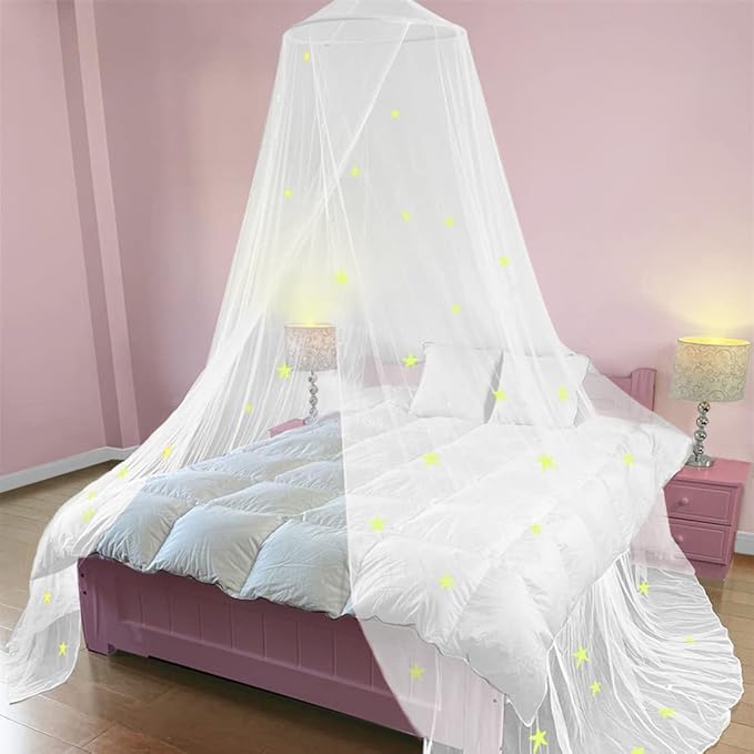 BCBYou Bed Canopy Mosquito Net with Fluorescent Stars Glow in Dark for Baby, Kids, and Adults, for Cover The Baby Crib, Kid Bed, Girls Bed Or Full Size Bed (White)