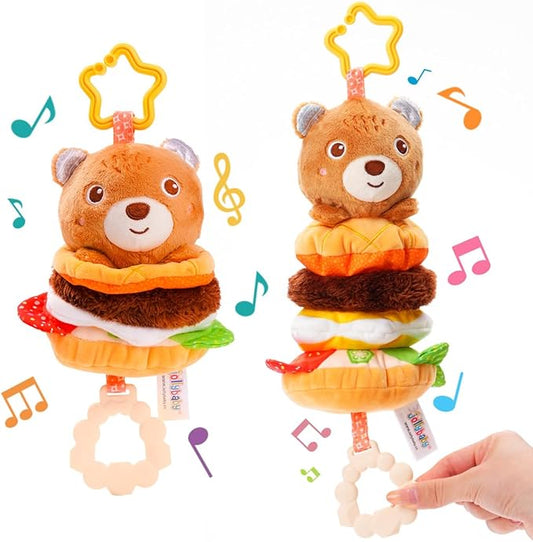 Jollybaby Baby Musical Pull String Hanging Toys for Stroller Car Seat Crib Play Gym, Plush Stuffed Hamburg Bear Toy for Carseat with Music Teether Crinkle, Sensory Toy for 0-6-12-18 Months Baby Gifts
