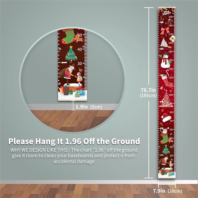 Christmas Baby Growth Chart for Wall, Height Chart for Kids, Xmas Kids Nursery Decor, Hanging Ruler Wall Decor, Kids Room Decor, Holiday Gifts for Boys Girls Toddlers - 76.7 x 7.9in with Black Wood