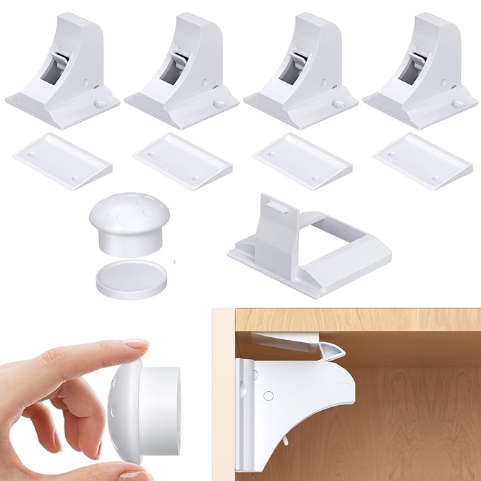 Child Safety Magnetic Cabinet Locks 4 Pack-AOSITE Baby Proofing Magnetic Drawer Locks for Kitchen with Adhesive No Drilling or Screws Fixed, Baby Safety Cabinet Locks