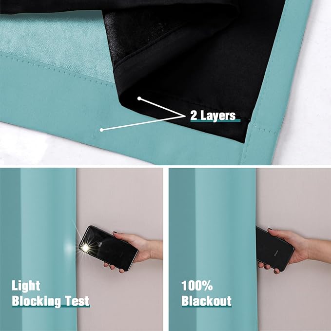 ChrisDowa 100% Blackout Curtains 45 inch Long for Bedroom with Black Liner, 2 Thick Layers Total Blackout Thermal Insulated Grommet Window Curtains 2 Panels Set (Aqua, 52 x 45 Inch)