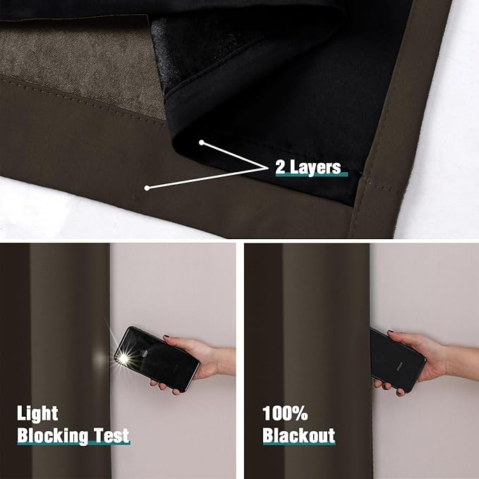 ChrisDowa 100% Blackout Curtains 63 inch Long for Bedroom with Black Liner, 2 Thick Layers Total Blackout Thermal Insulated Grommet Window Curtains 2 Panels Set (Brown, 38 x 63 Inch)