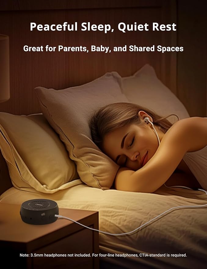 FOXFINE White Noise Machine, Portable Sound Machine with 36 Soothing Sounds, Focused Light, Timer, for Sleeping, Baby, Adults, Home & Travel, Black