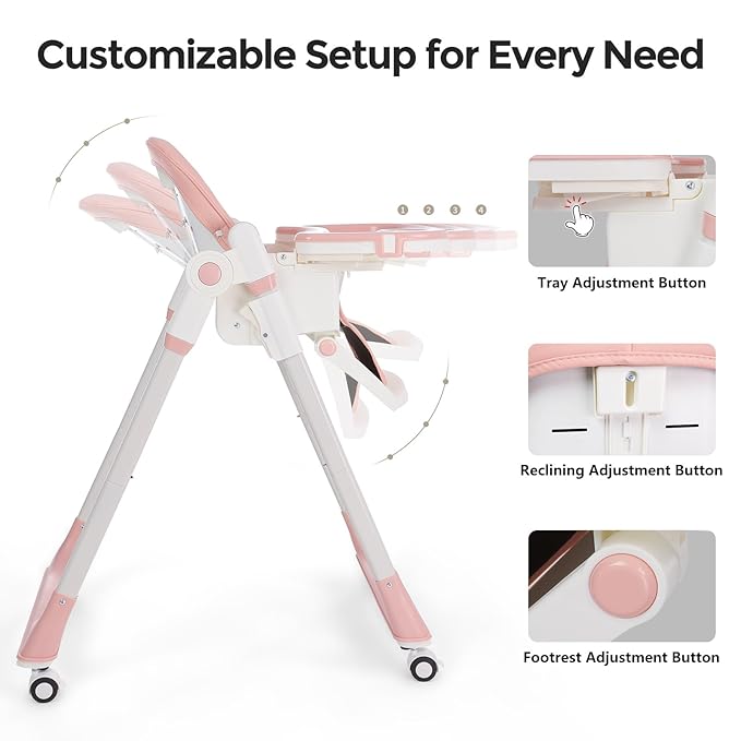 3-in-1 Foldable High Chair for Babies & Toddlers – Adjustable Height, Reclining Seat, 5-Point Safety Harness, Removable Tray, Lockable Wheels, Washable Cushion – Portable & Easy Clean, Pink